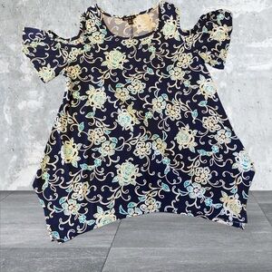 Sami & Jo cold shoulder knit, top navy teal floral 94% poly 6% spandex s…